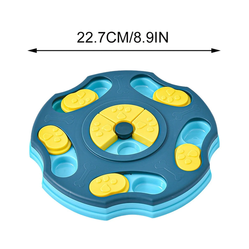Blue interactive dog food puzzle bowl toy for aggressive chewers with slow feeder design.