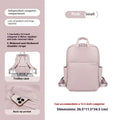 Canvas travel backpack for women in pink, black, or apricot with laptop sleeve and multiple internal pockets.