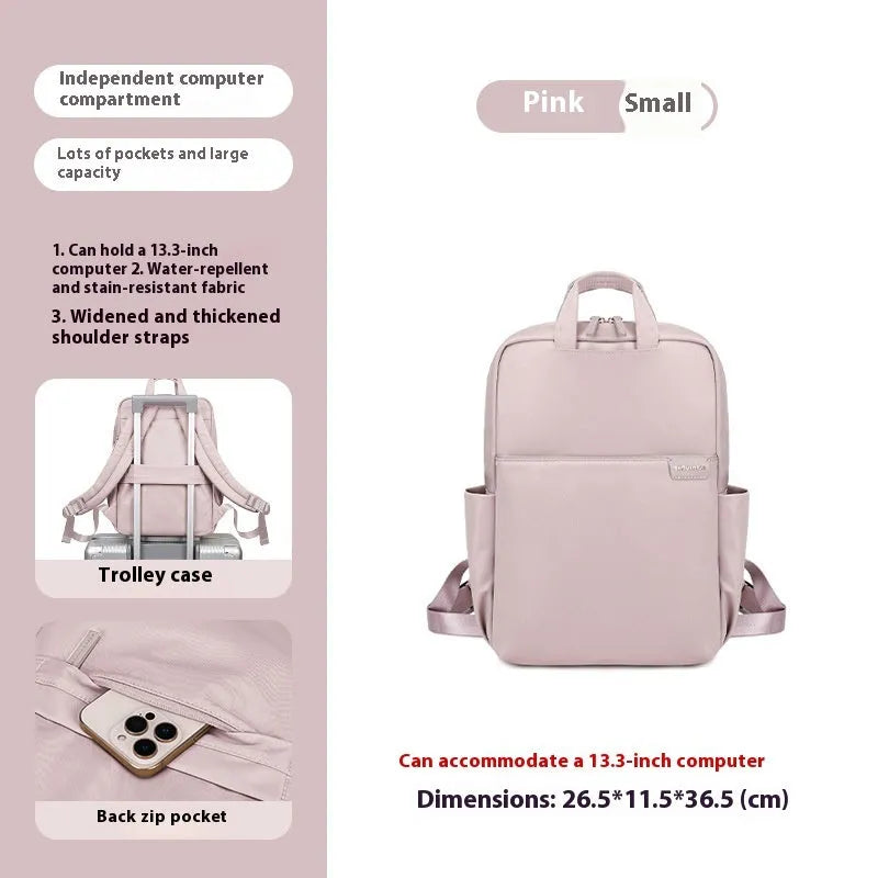 Canvas travel backpack for women in pink, black, or apricot with laptop sleeve and multiple internal pockets.