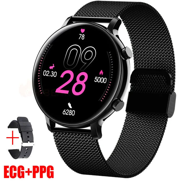 Black Bluetooth smartwatch with stainless steel strap showing call screen and health metrics