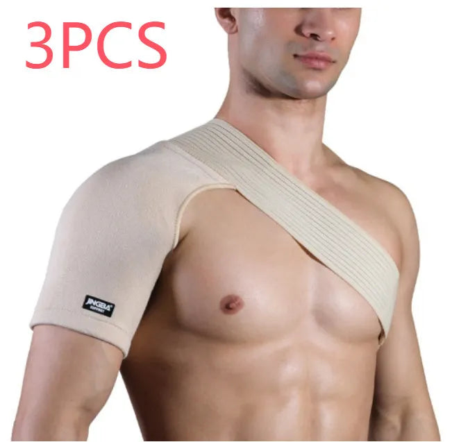 Adjustable skin-colour shoulder support brace with breathable strap for weightlifting and sports.