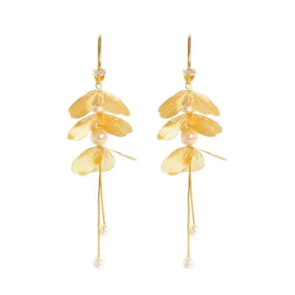 Floral petal pearl fringe earrings in gold with electroplated alloy and tassel drop design
