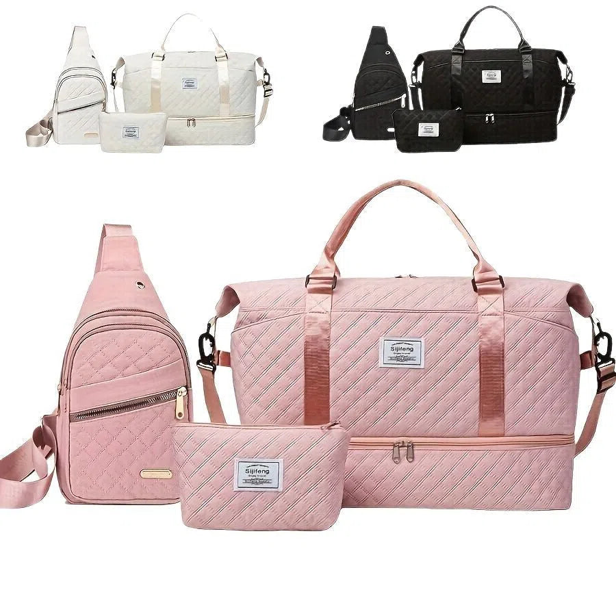 Three-piece travel bag set with waterproof Oxford cloth, two smaller bags, and dry-wet separation in pink black off-white blue