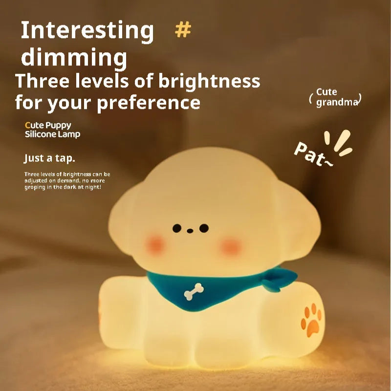 Silicone puppy night light for children's bedroom, 127mm high by 114mm wide, cartoon dog lamp
