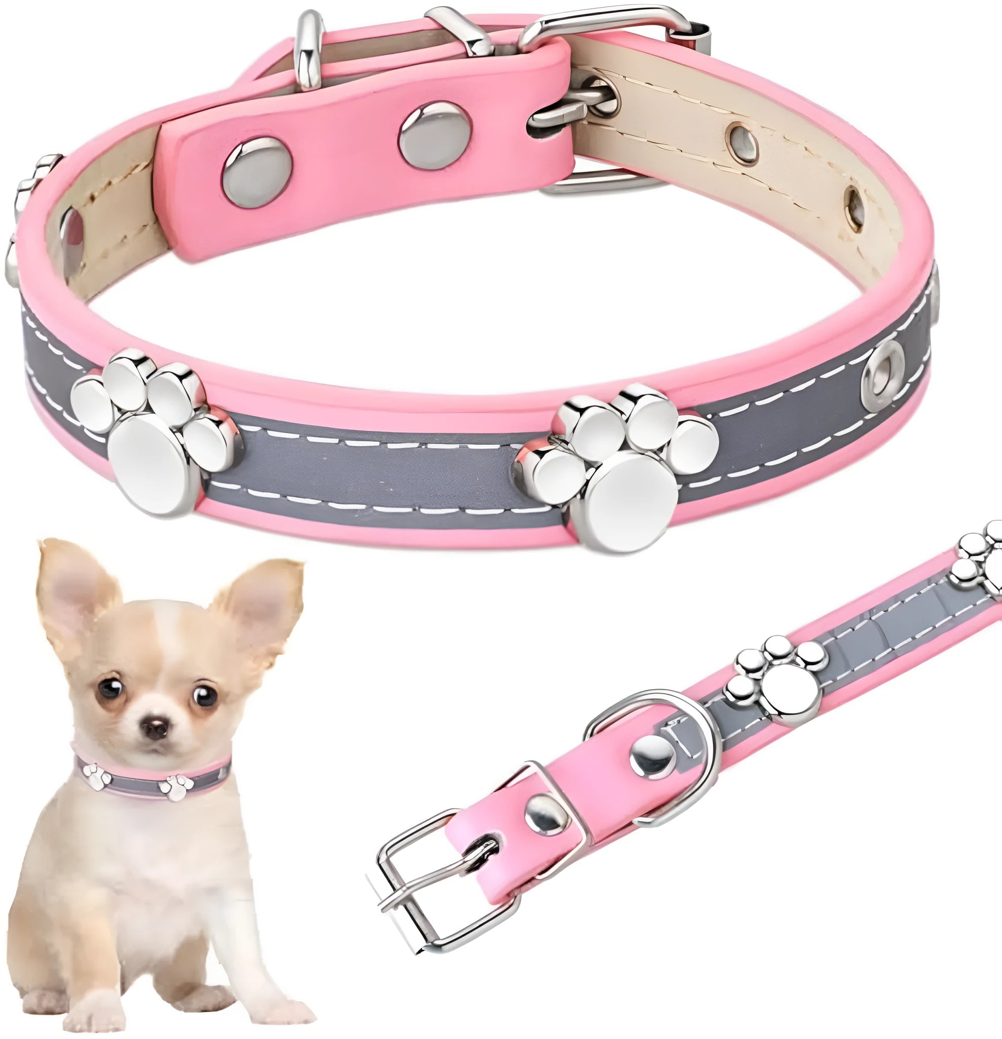 Reflective adjustable leather dog collar with cute paw rivet on a grey background.