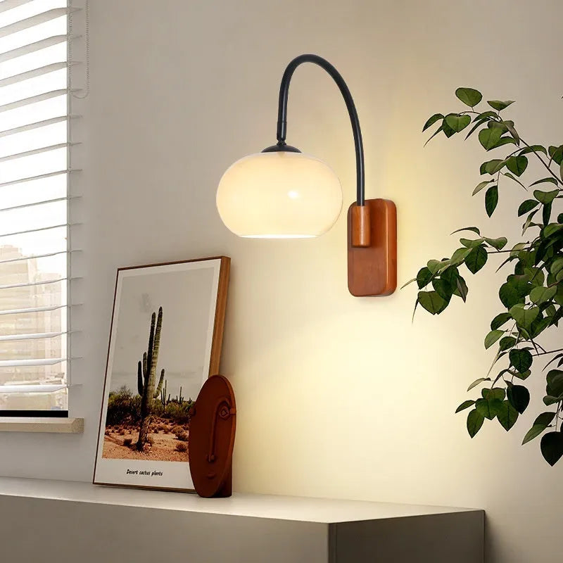 Creative retro glass wall LED lamp with milky white glass shade and walnut iron frame mounted on wall