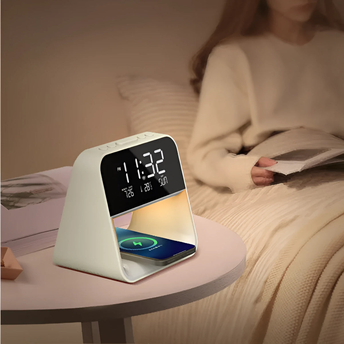 White multifunctional bedside lamp with wireless charger and alarm clock on a nightstand, 15.1x10.6x14.5cm
