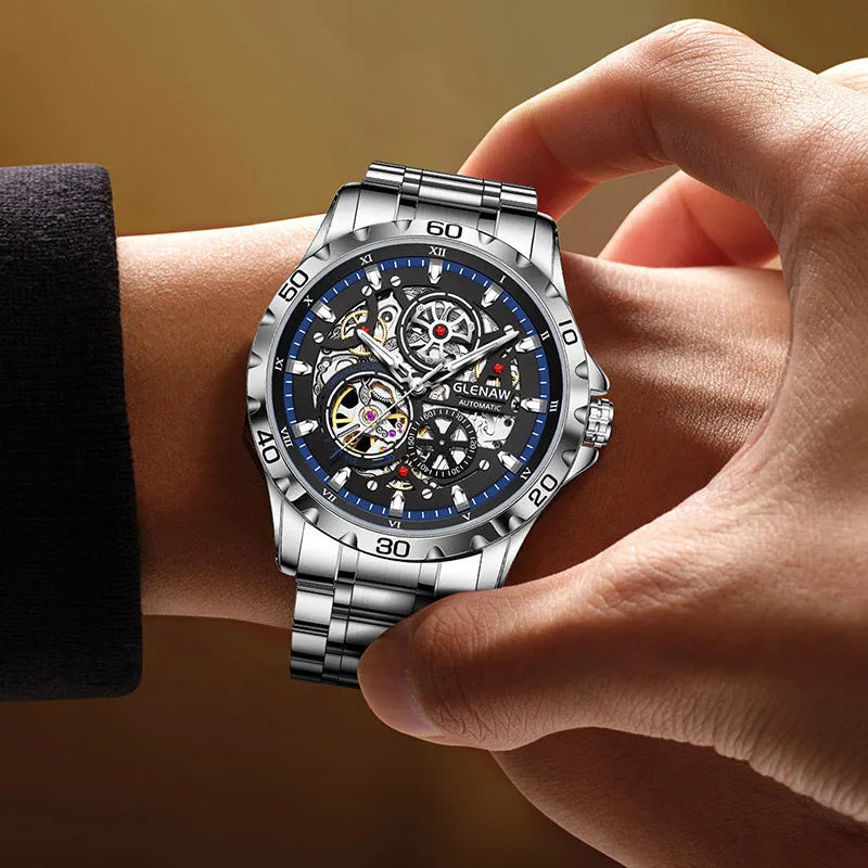 Men's automatic skeleton watch with luminous markers and stainless steel strap