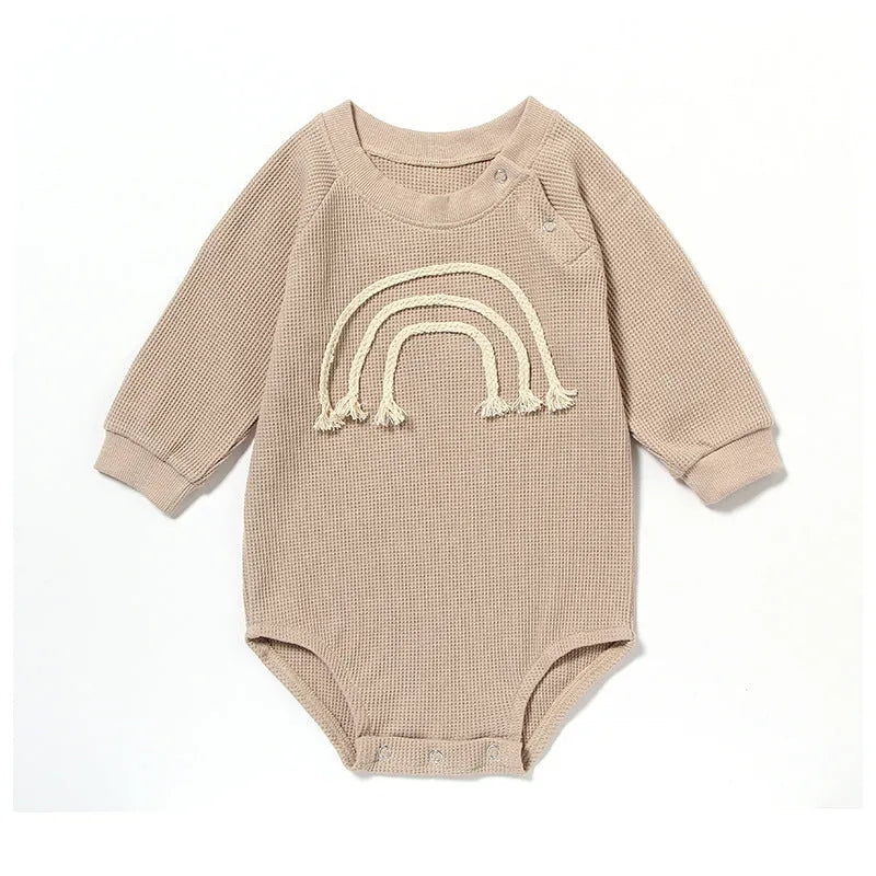 Waffle cotton baby romper with long sleeves in beige colour with cotton rope ties