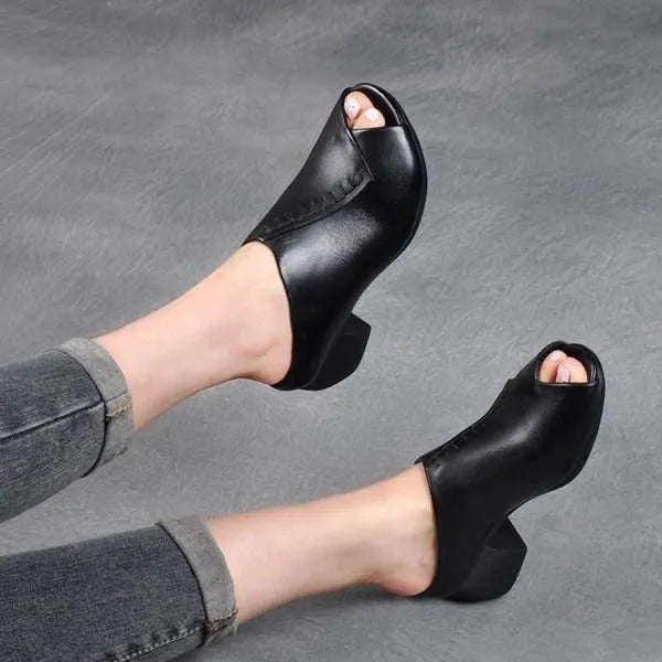 Women's black square heel peep-toe slitters with artificial PU upper and rubber sole