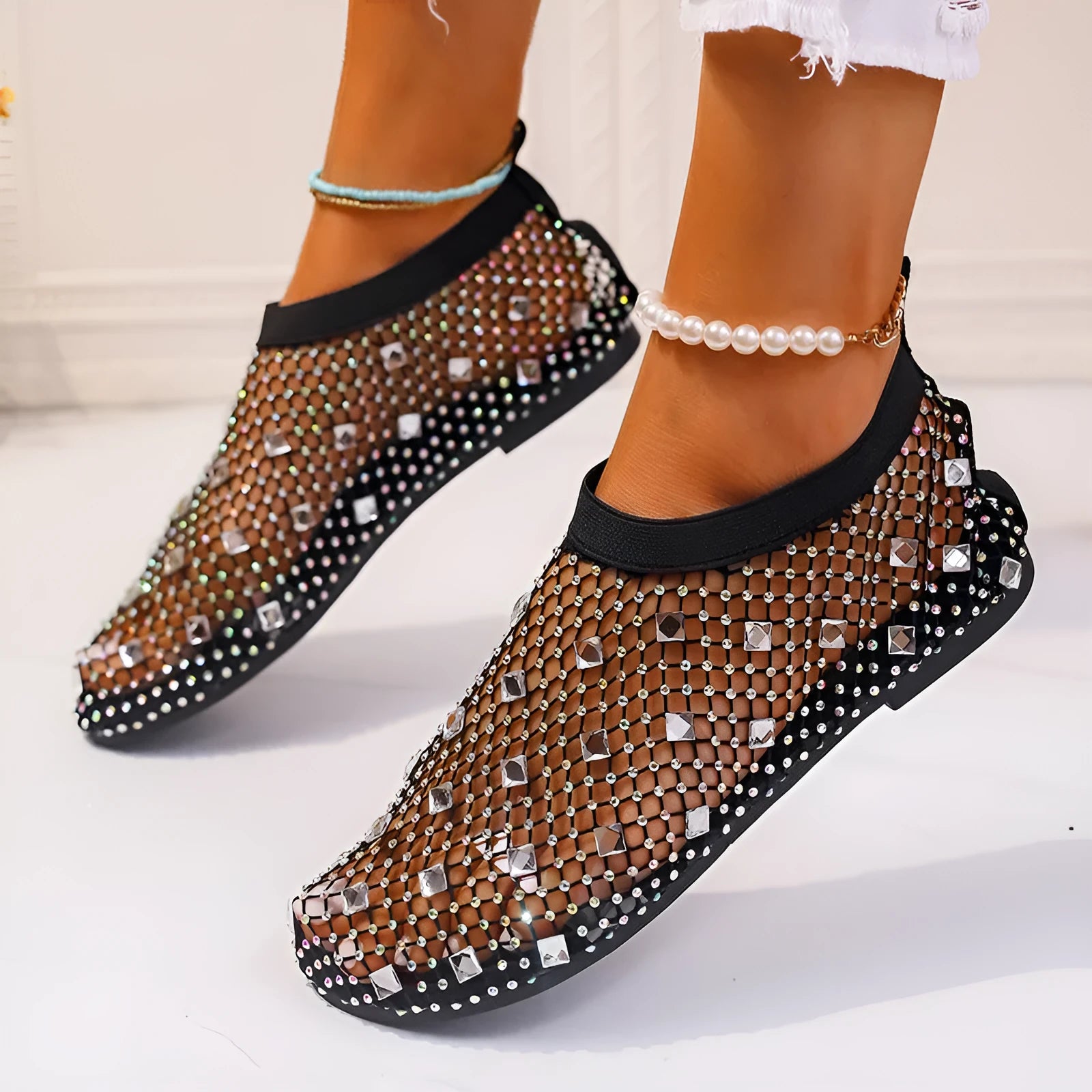 Women's colourful mesh flat sandals with rhinestone decoration and round toe