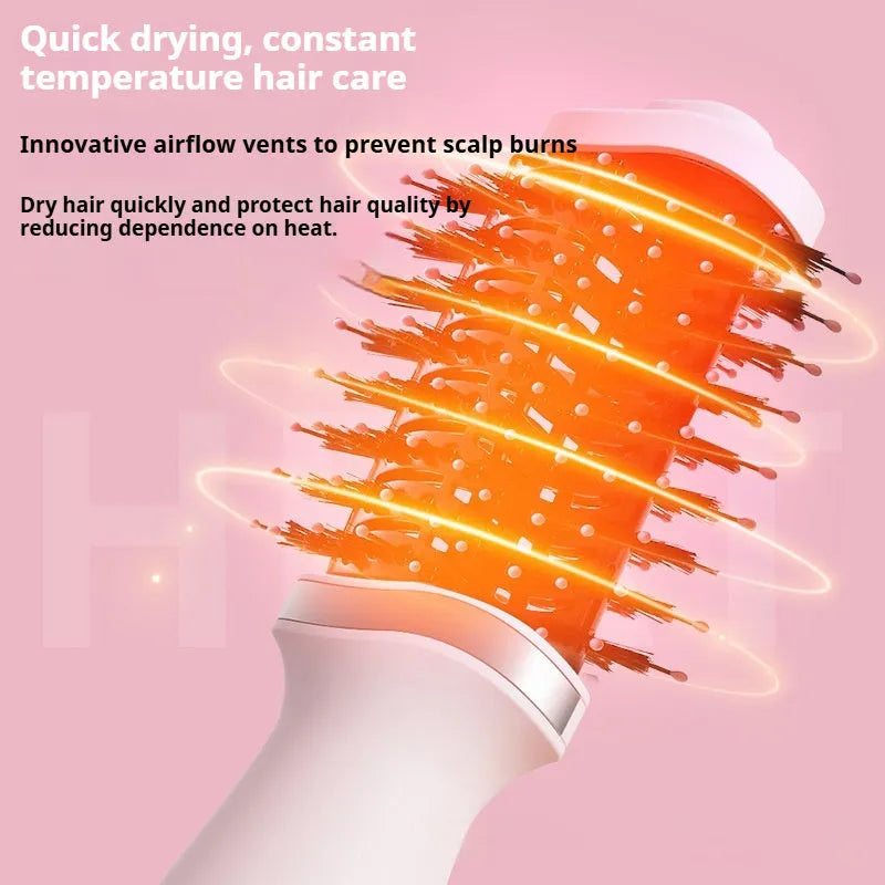 Pink multifunctional hair dryer with integrated comb and curling attachments on white background
