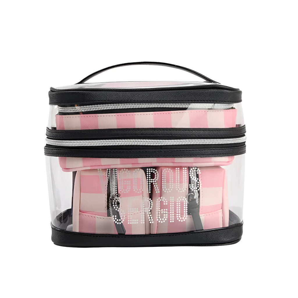 Pink bold stripes waterproof makeup bag with floral pattern synthetic leather folding cosmetic organiser