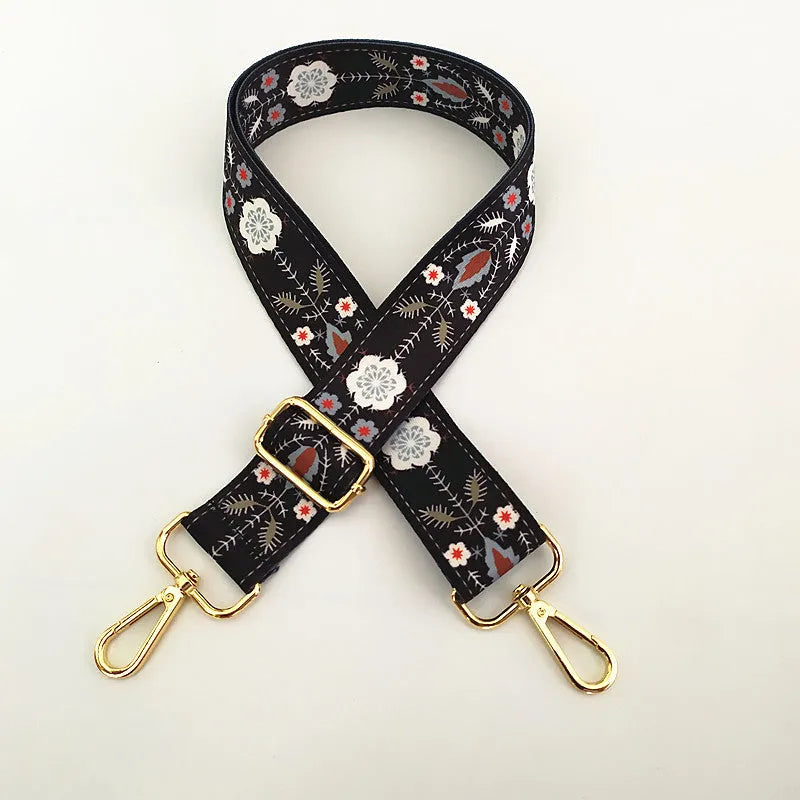 Colourful wide polyester cotton handbag shoulder strap with floral pattern and gold buckle