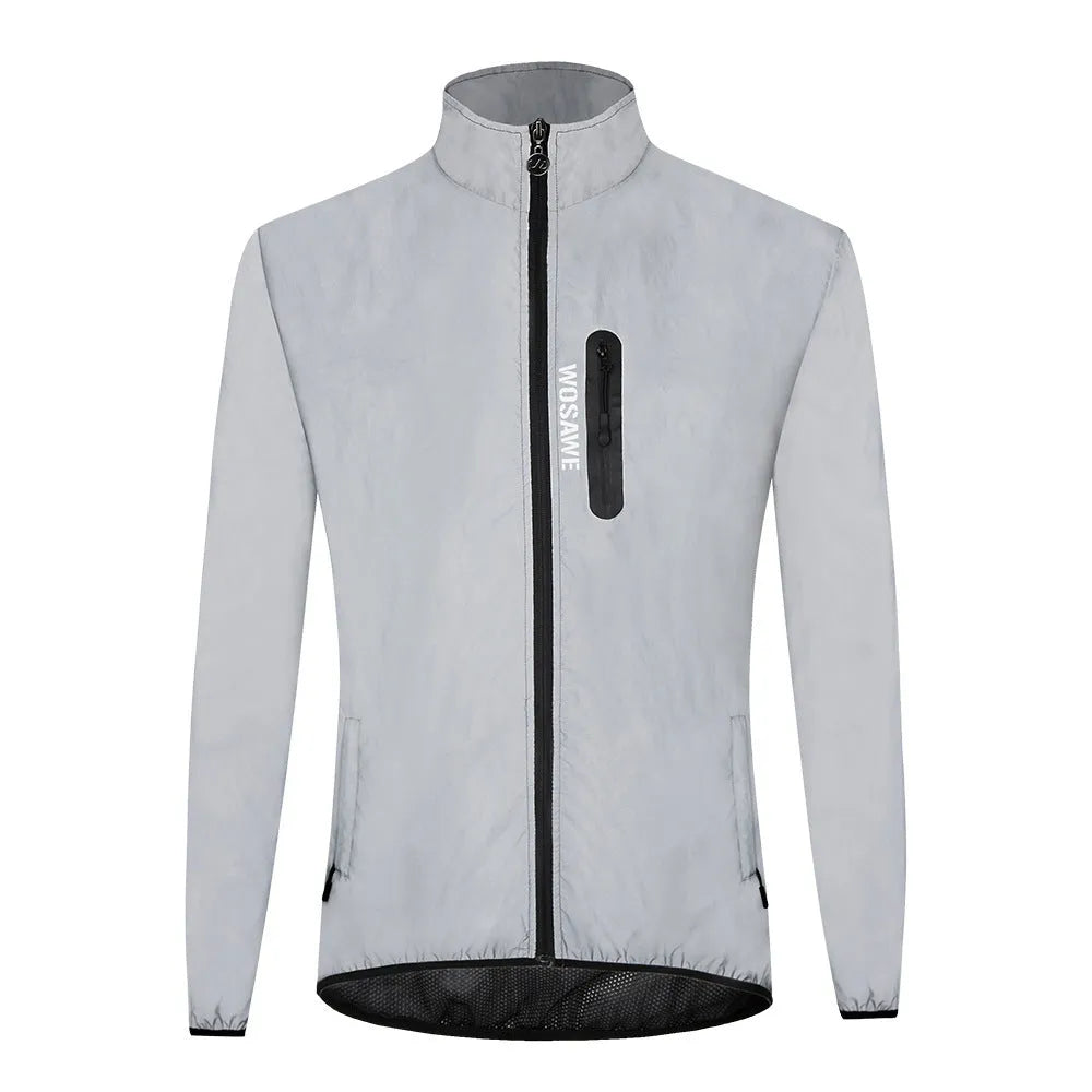 Waterproof polyester windproof long sleeve coat in silver, shown on a hanger.