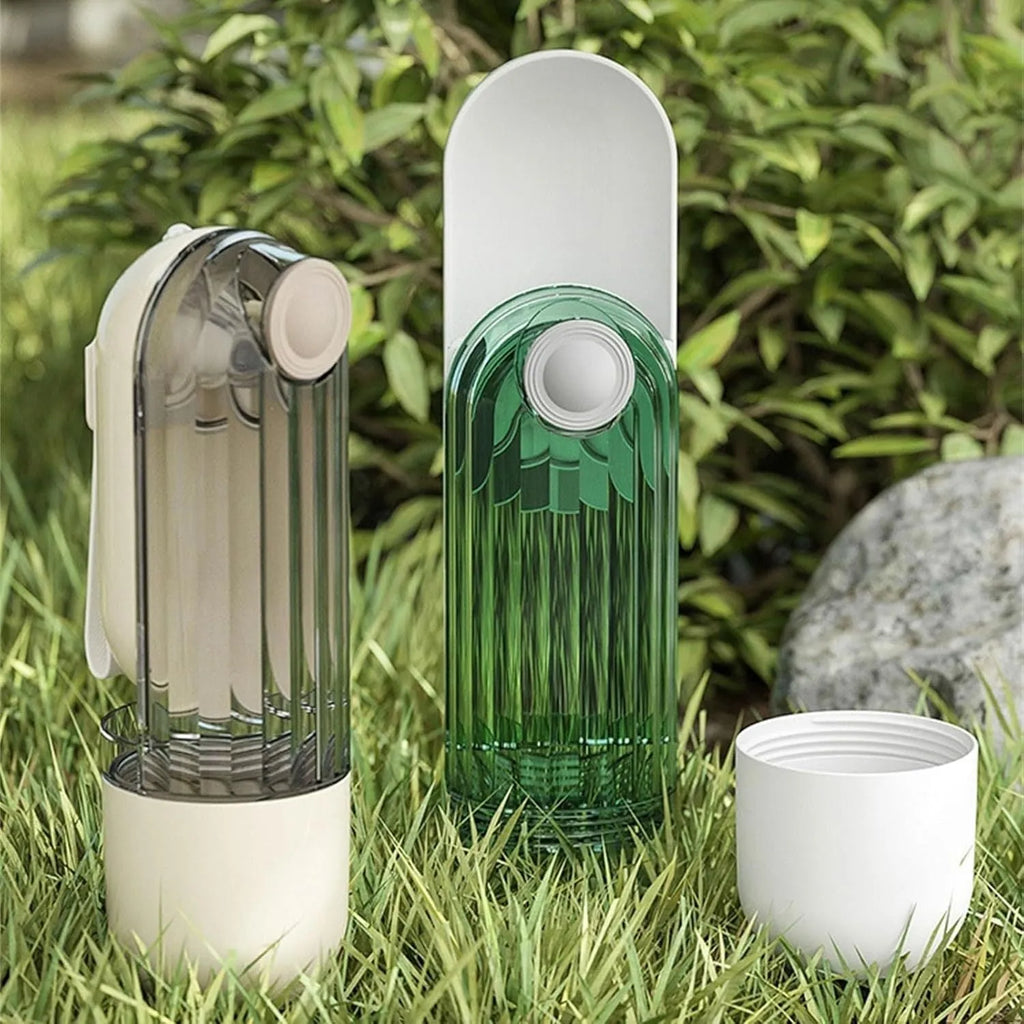 Foldable dog water bottle food dispenser with large drinking opening and integrated snack container