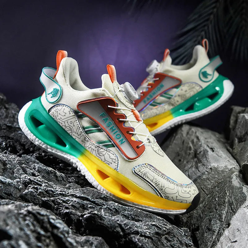 Men's low-top mesh running shoes with elastic band and popcorn TPU sole in multiple colour options