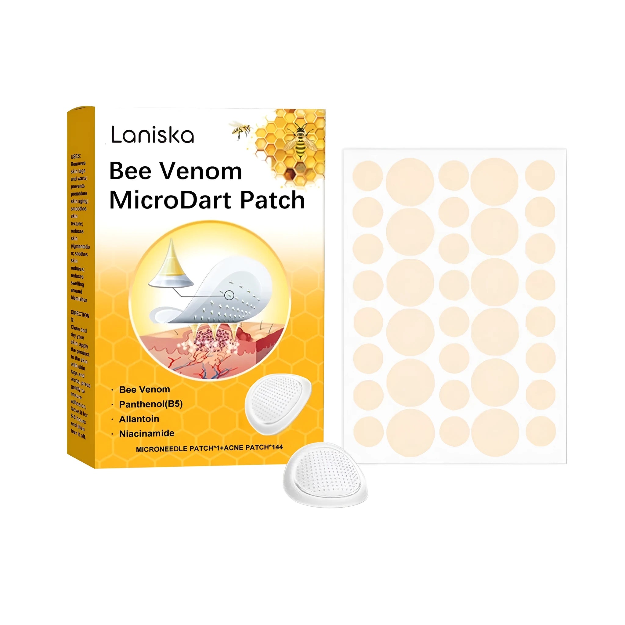 Wart removal microdart patches with bee venom and panthenol formulation