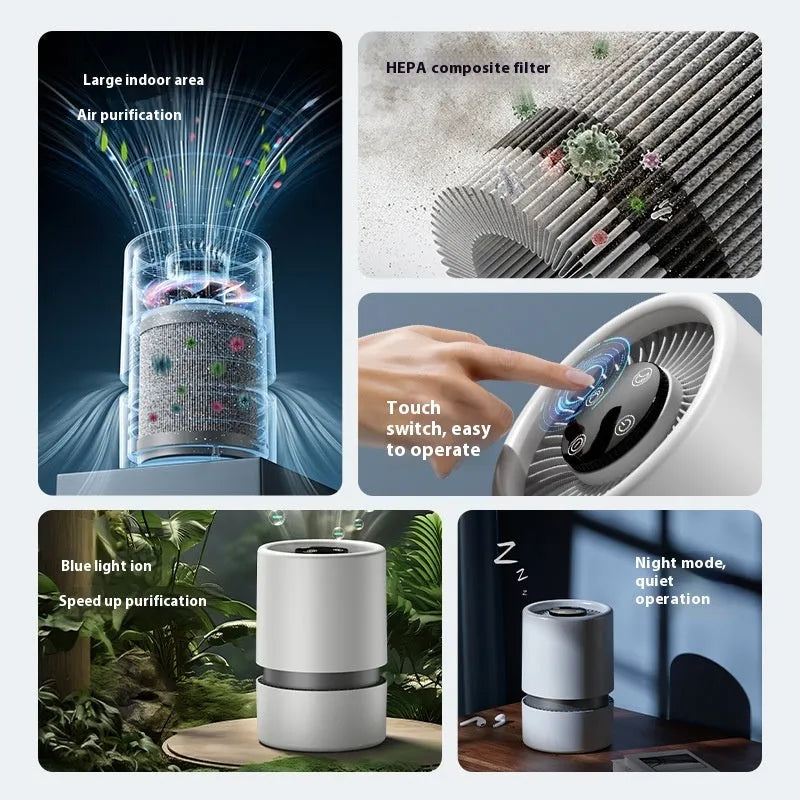 White desktop air purifier with USB cable on a wooden desk