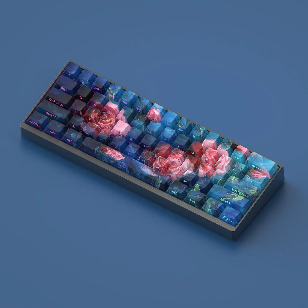 Roses coloured oil painting style side carved transparent PBT keycap set with 130 pieces for mechanical keyboards