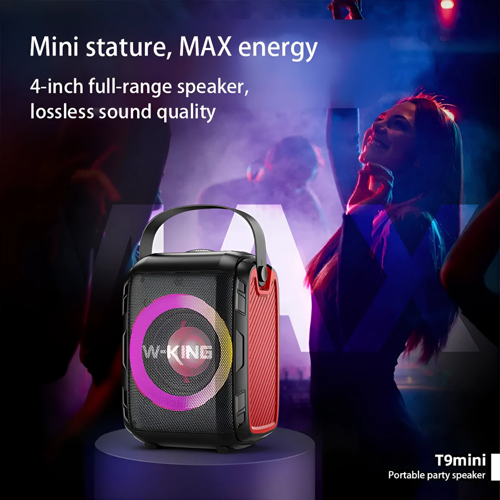 Black portable Bluetooth speaker with cool light circle, horizontal placement, wireless connection for music streaming