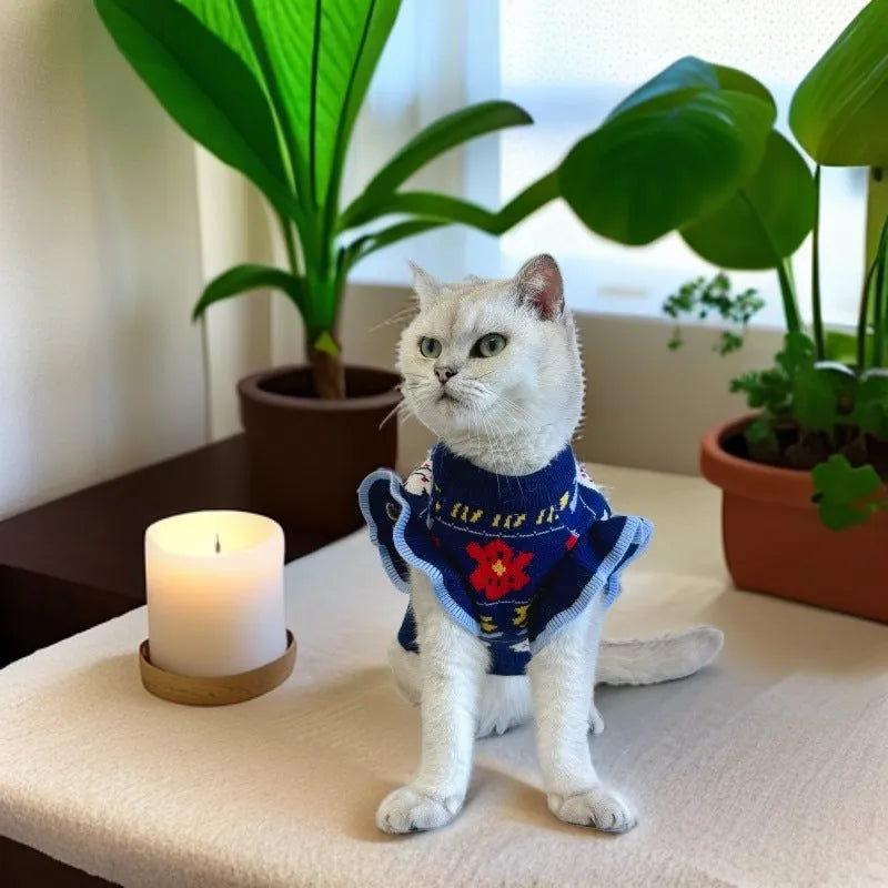 Dark blue wool pet jumper for small and medium dogs and cats, casual style, sizes XS to XXL