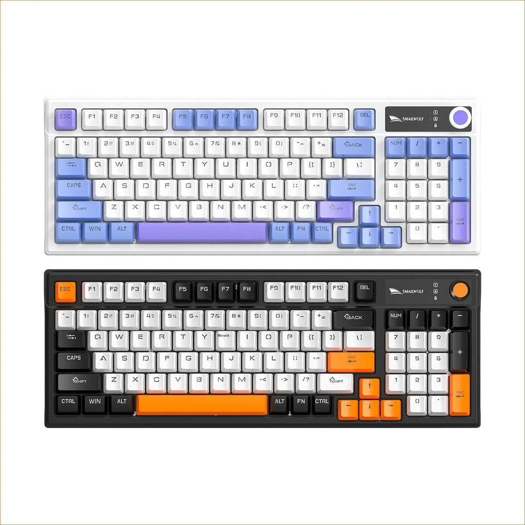 SK15 wired mechanical gaming keyboard with control knob in sunset orange colour beside notebook computer