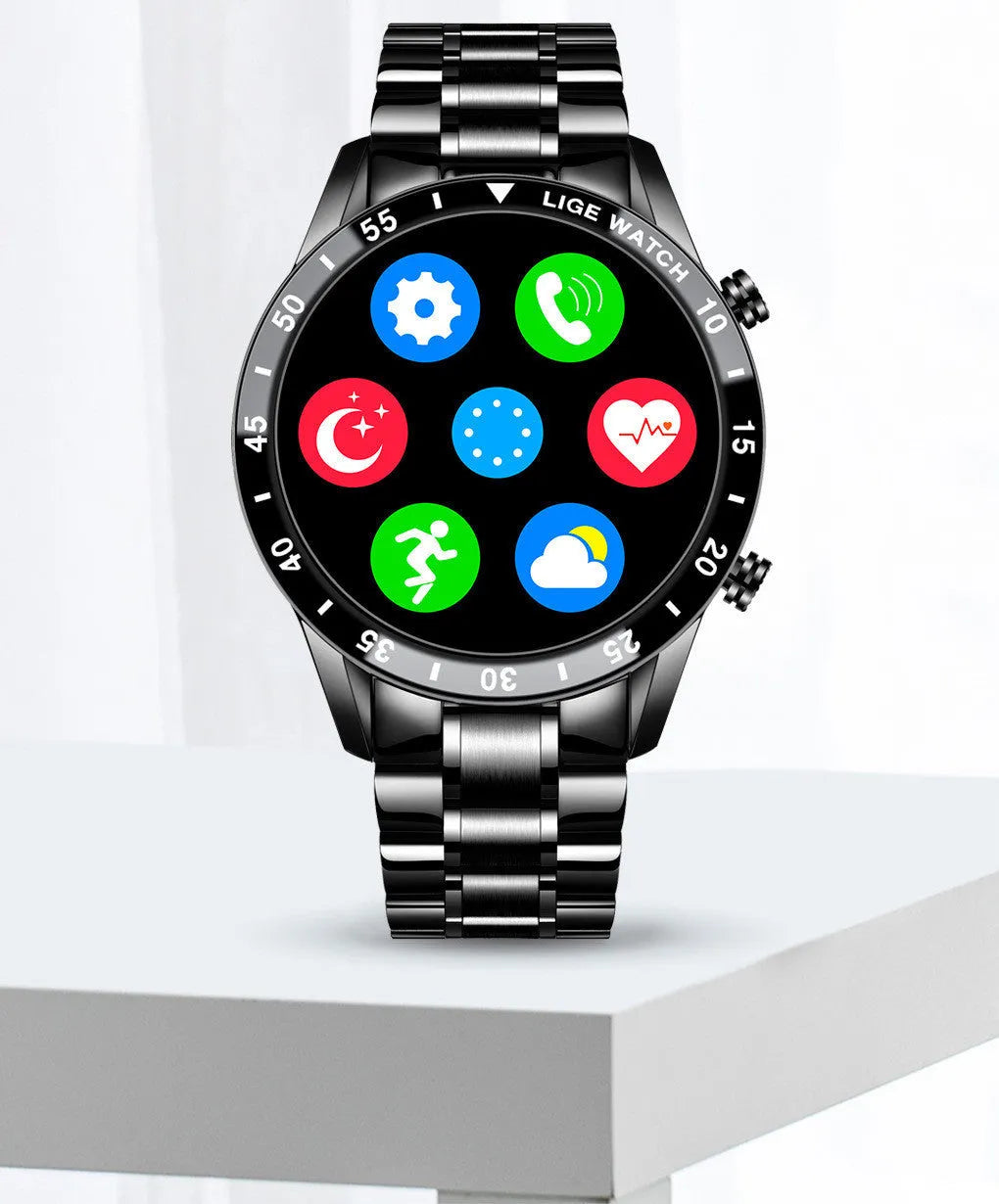 Smart watch with stainless steel band and 1.3-inch touch screen displaying step count.