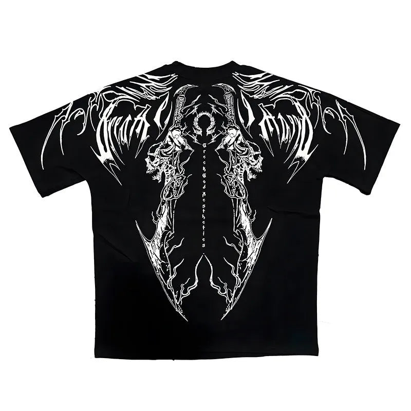 Dark style plus size cotton short sleeve T-shirt with gilding craft detail on a mannequin.