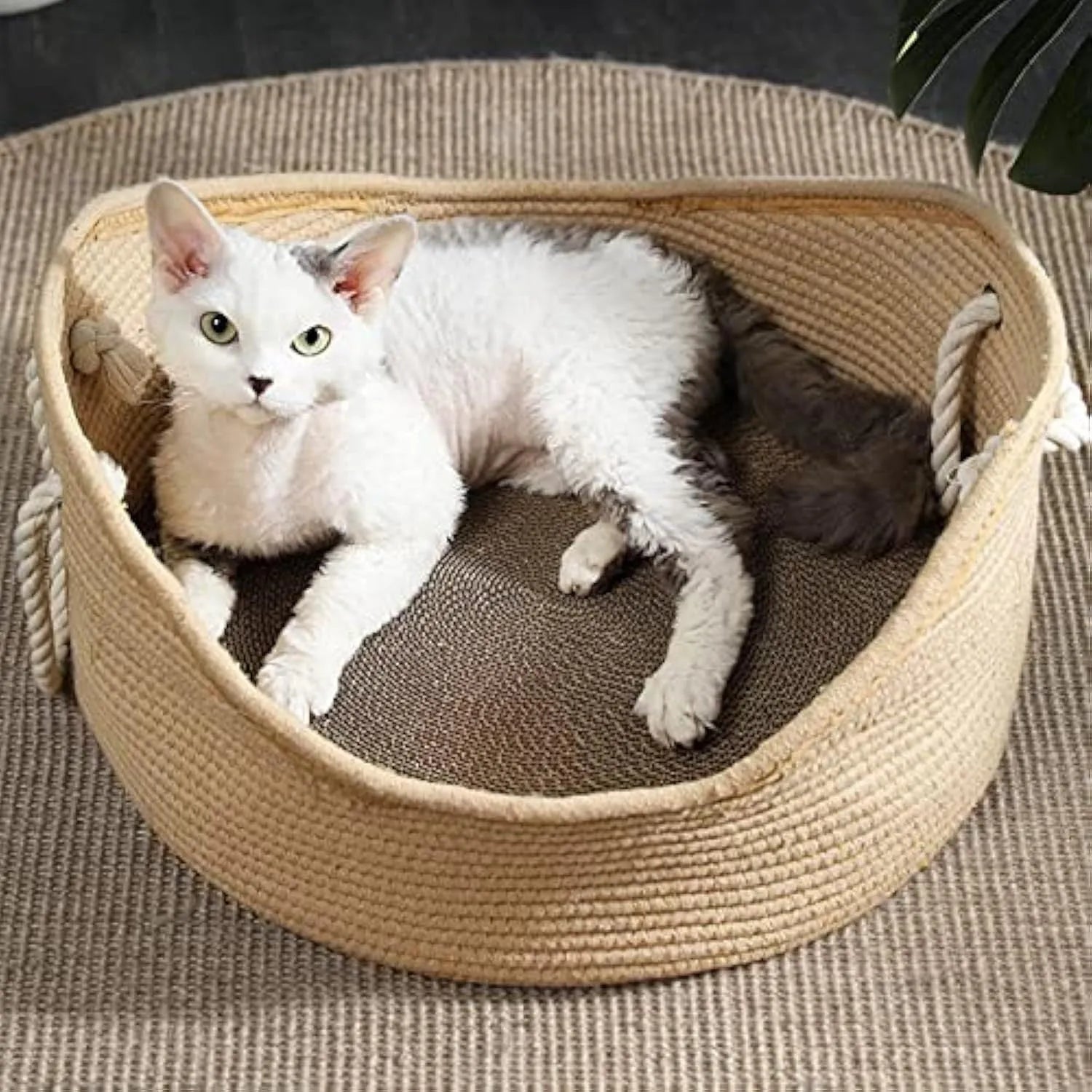 Wicker cat bed basket with a corrugated scratching board inside, shown in a home setting.