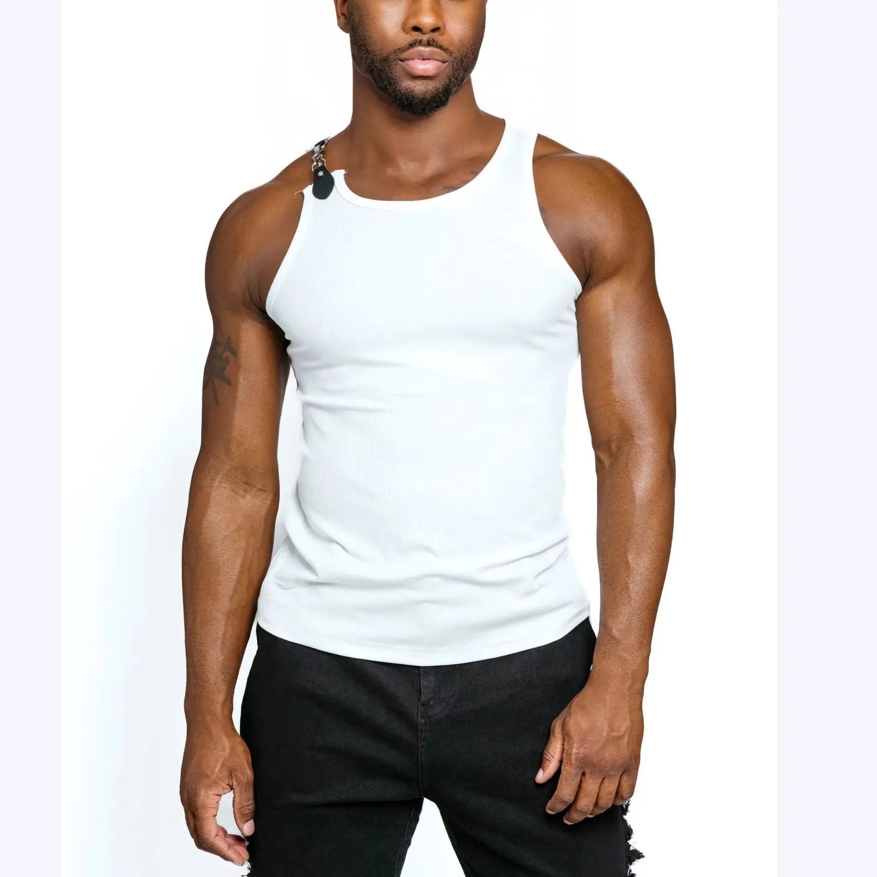 Close-up of a sleeveless tight-fitting vest in black cotton-blend polyester fabric.