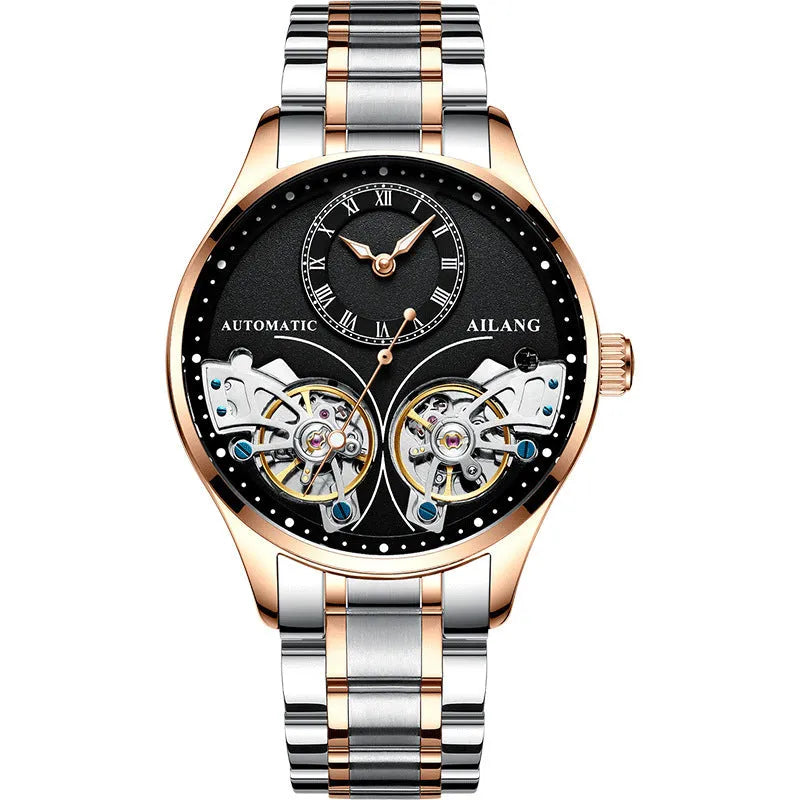 Automatic men's watch with tourbillon and moon phase on a black dial in a titanium case.