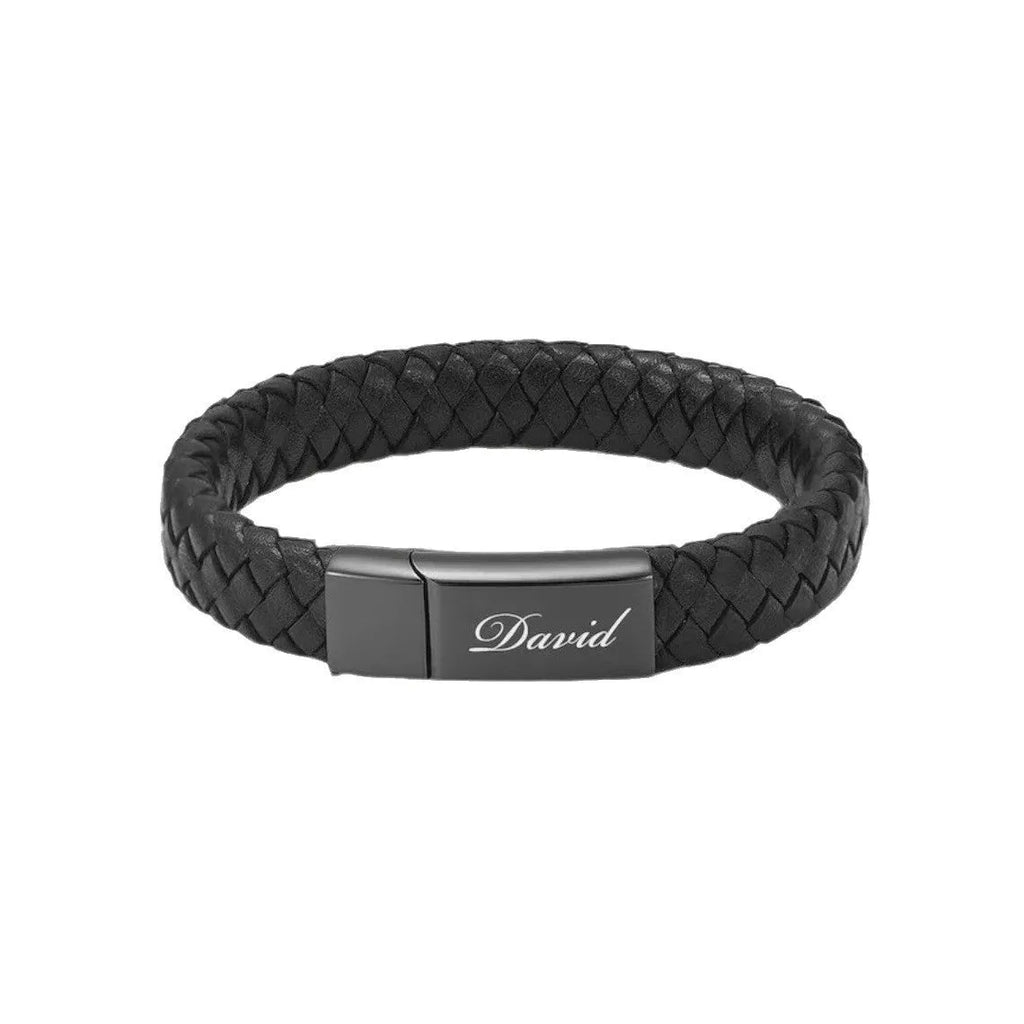 Black stainless steel memorial bracelet with leather weaving and engraved text
