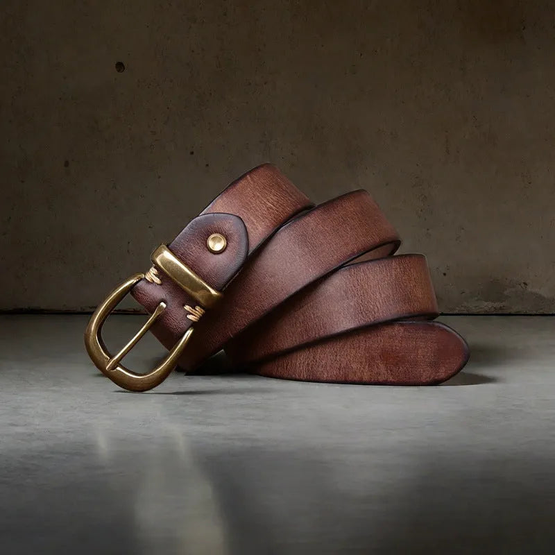 Men's black genuine cowhide leather belt with a copper pin buckle on a white background.