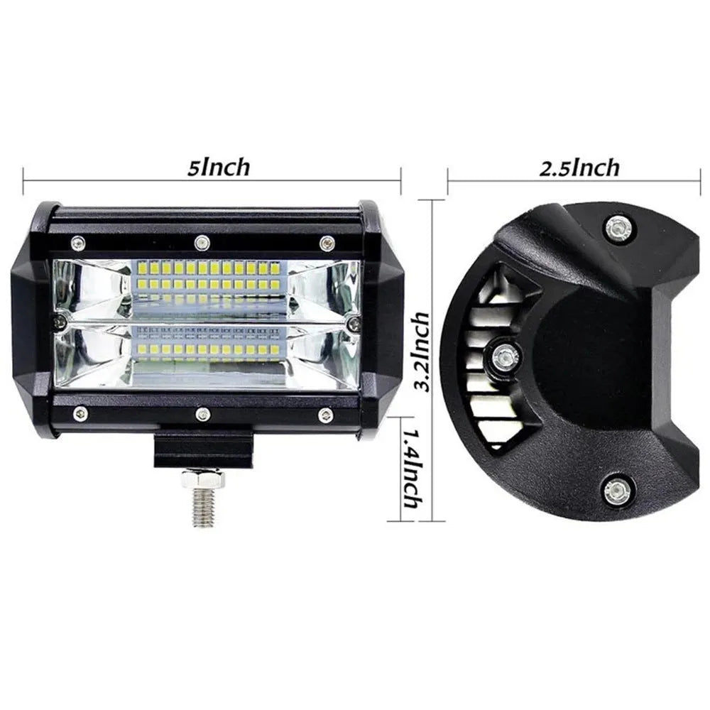 Black 5-inch dual-row LED off-road work light with aluminium alloy housing, shown with mounting bracket.