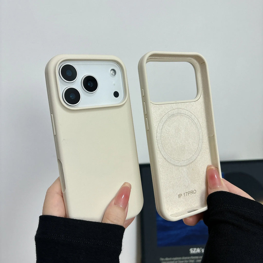 Liquid silicone iPhone case with integrated magnetic charging port, shown in Antique White colour.