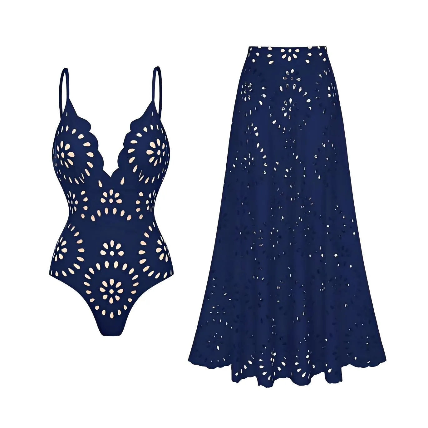 Women's polyester spandex one-piece swimsuit and dress set in black for swimming and wading