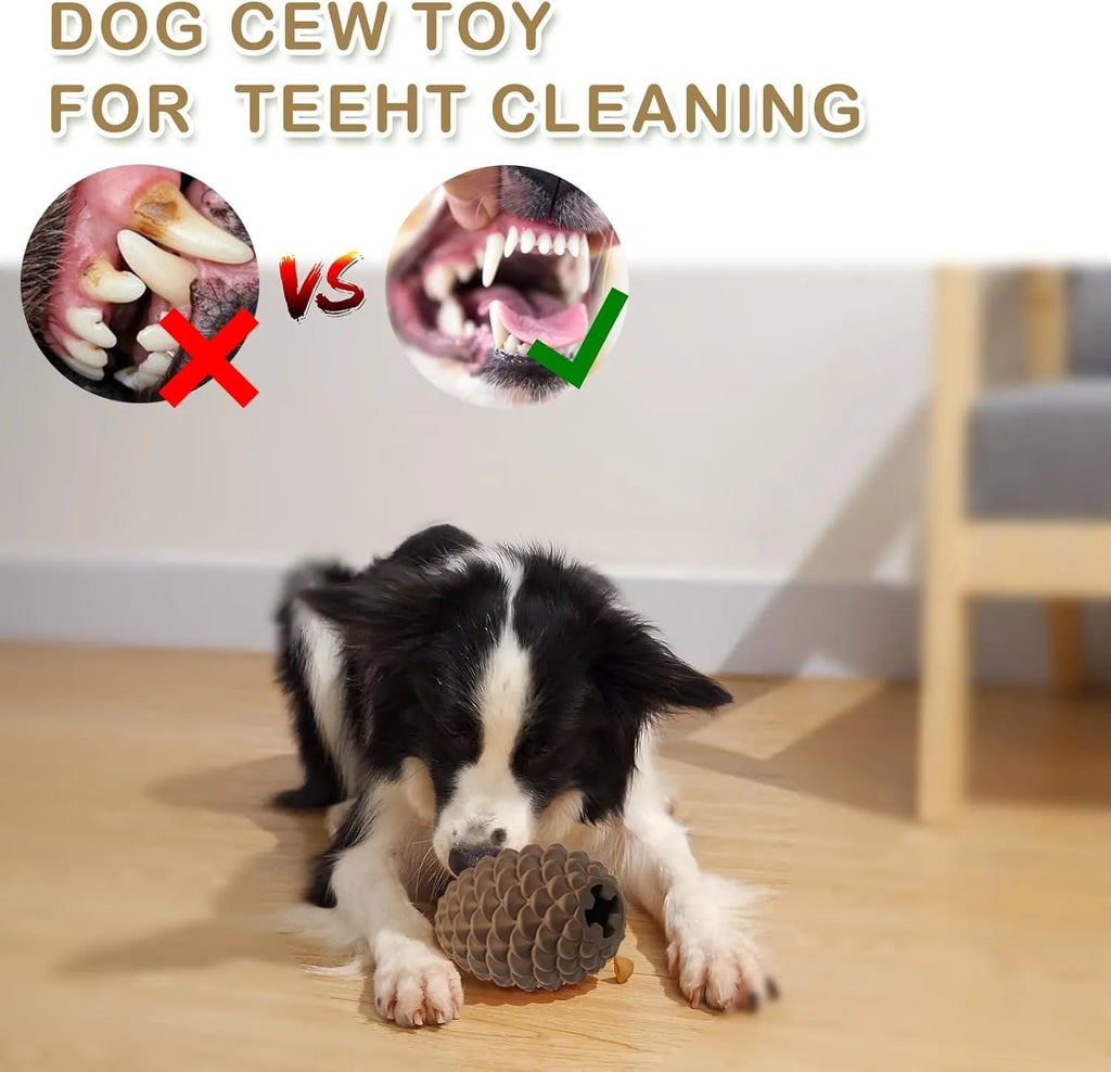 Yellow pine cone-shaped natural rubber dog chew toy with treat dispenser hole