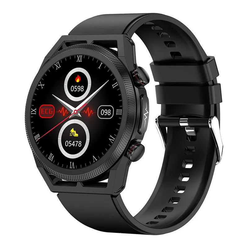 Non-invasive blood sugar smart watch with 1.39 inch IPS screen and metal alloy shell on a black background