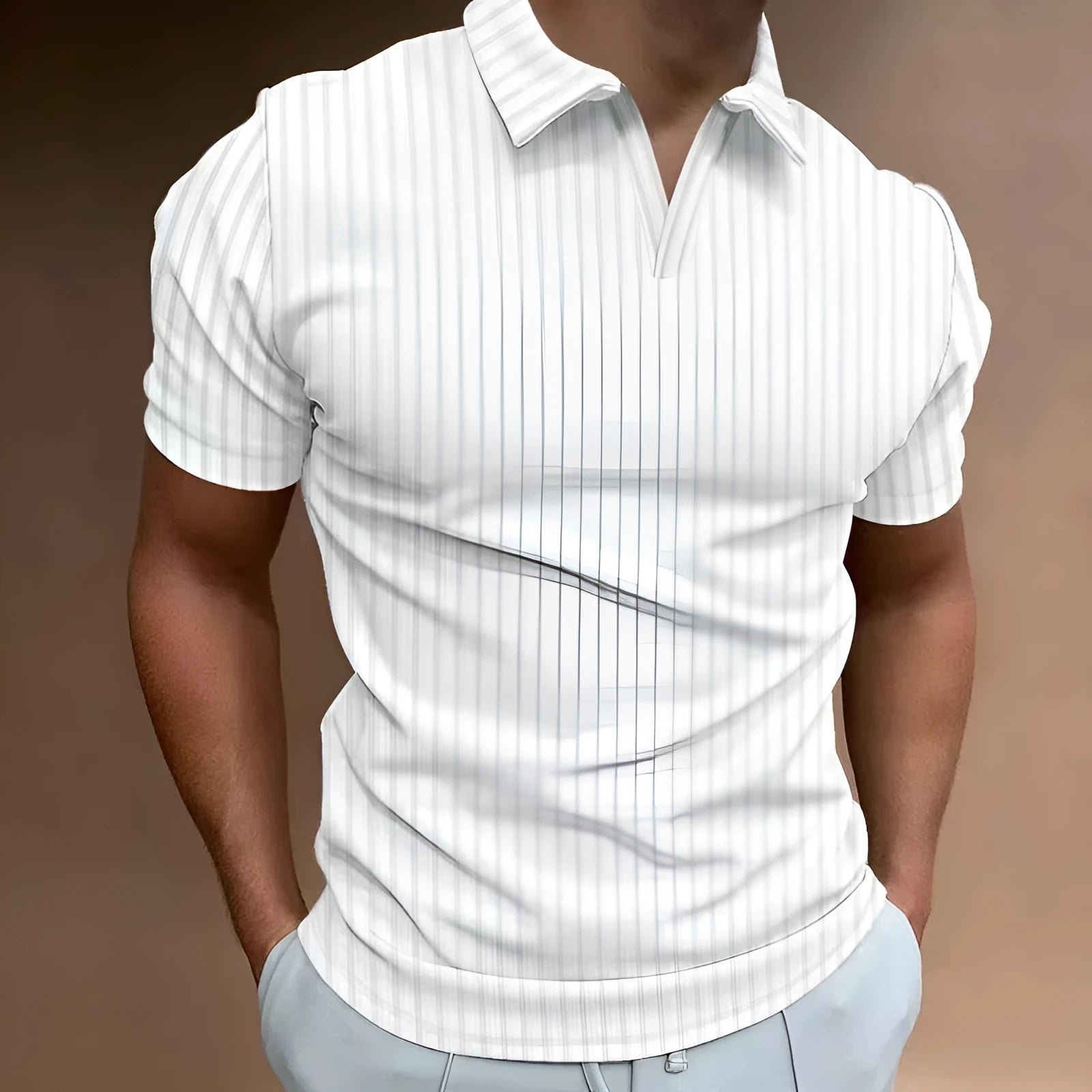 Men's striped V-neck polo shirt in thin cotton blend fabric for summer sports