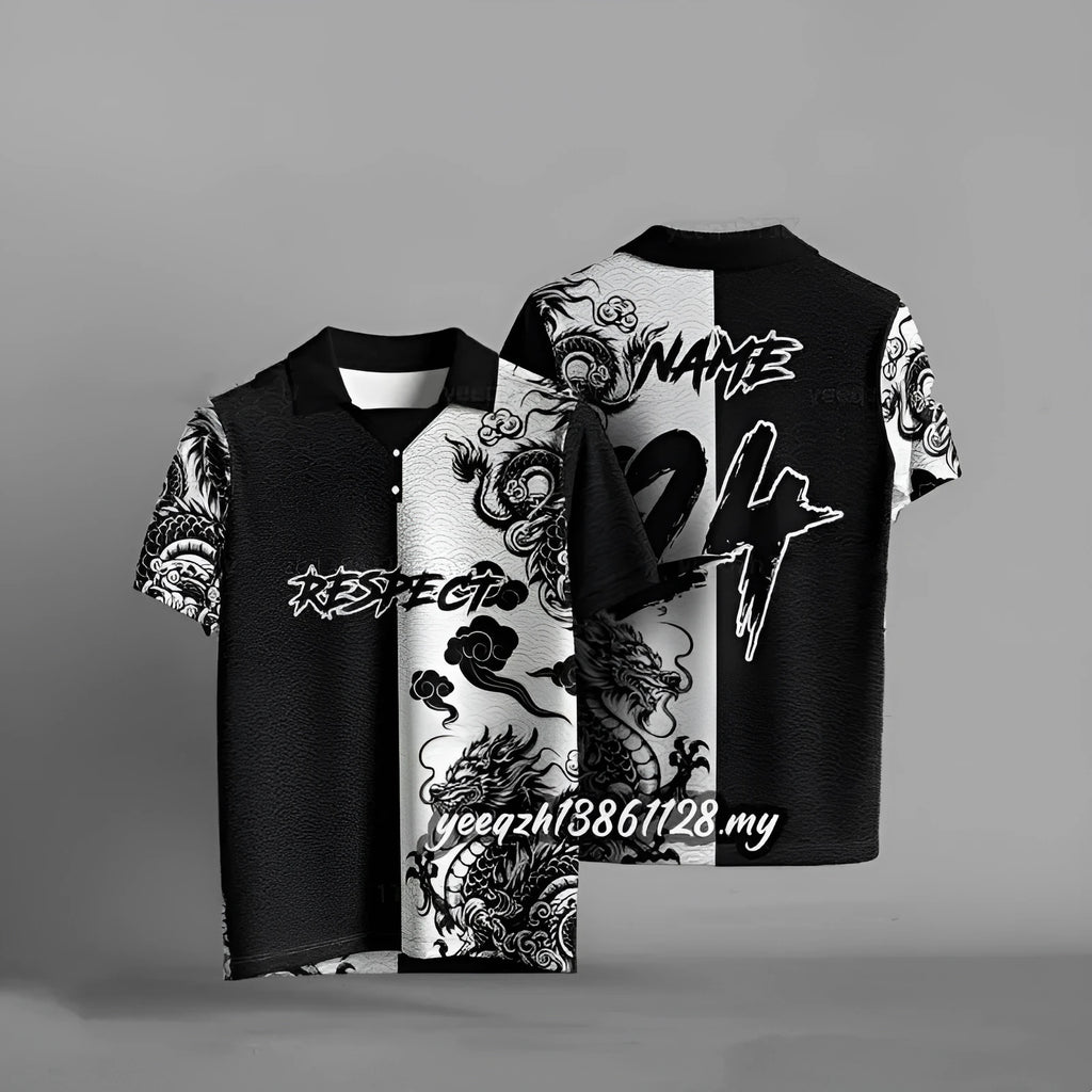 Black loose-fit casual t-shirt with 3D digital printing on the front, short sleeves.