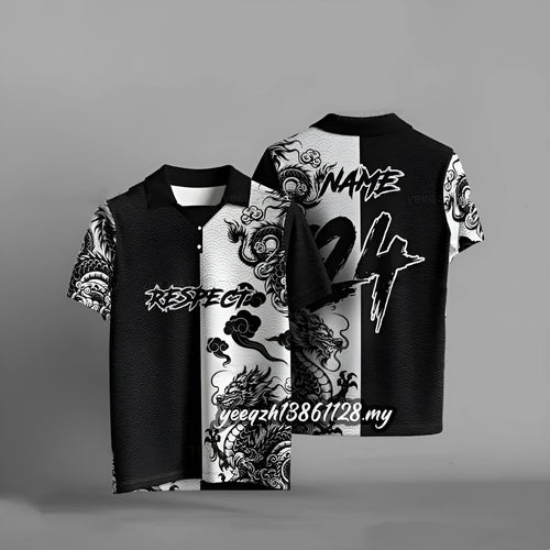 Black loose-fit casual t-shirt with 3D digital printing on the front, short sleeves.