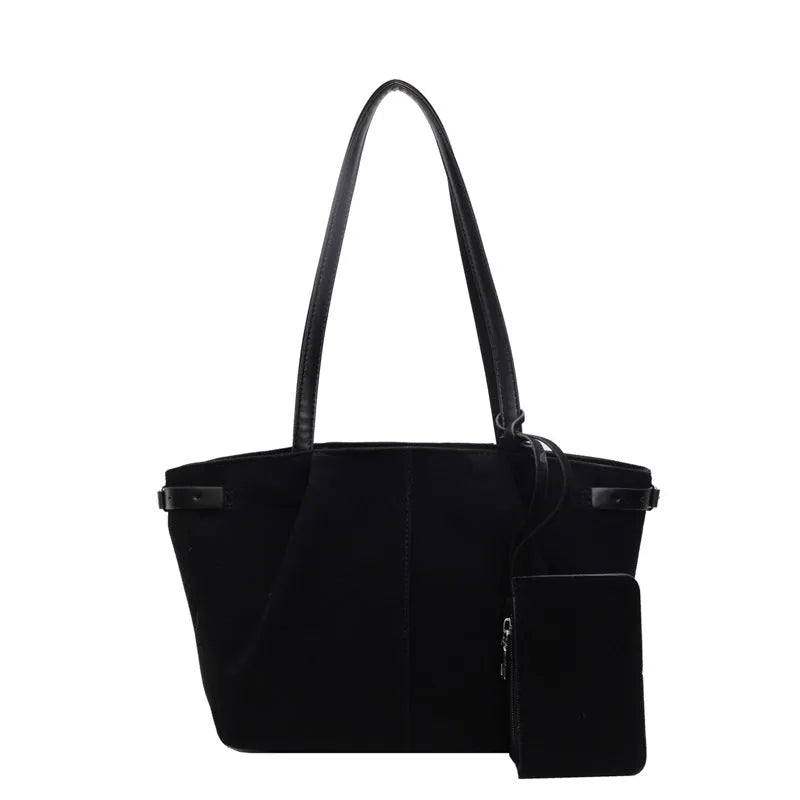PU suede casual commute handbag horizontal square shape black zipper changing compartment double shoulder straps
