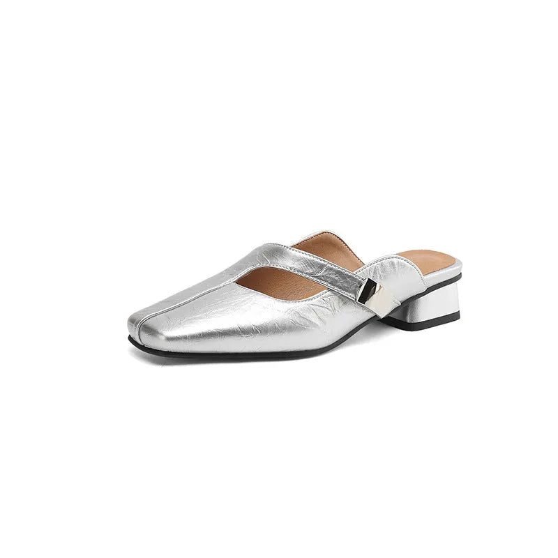 British style square toe low heel outdoor slippers in black, beige and silver colours.