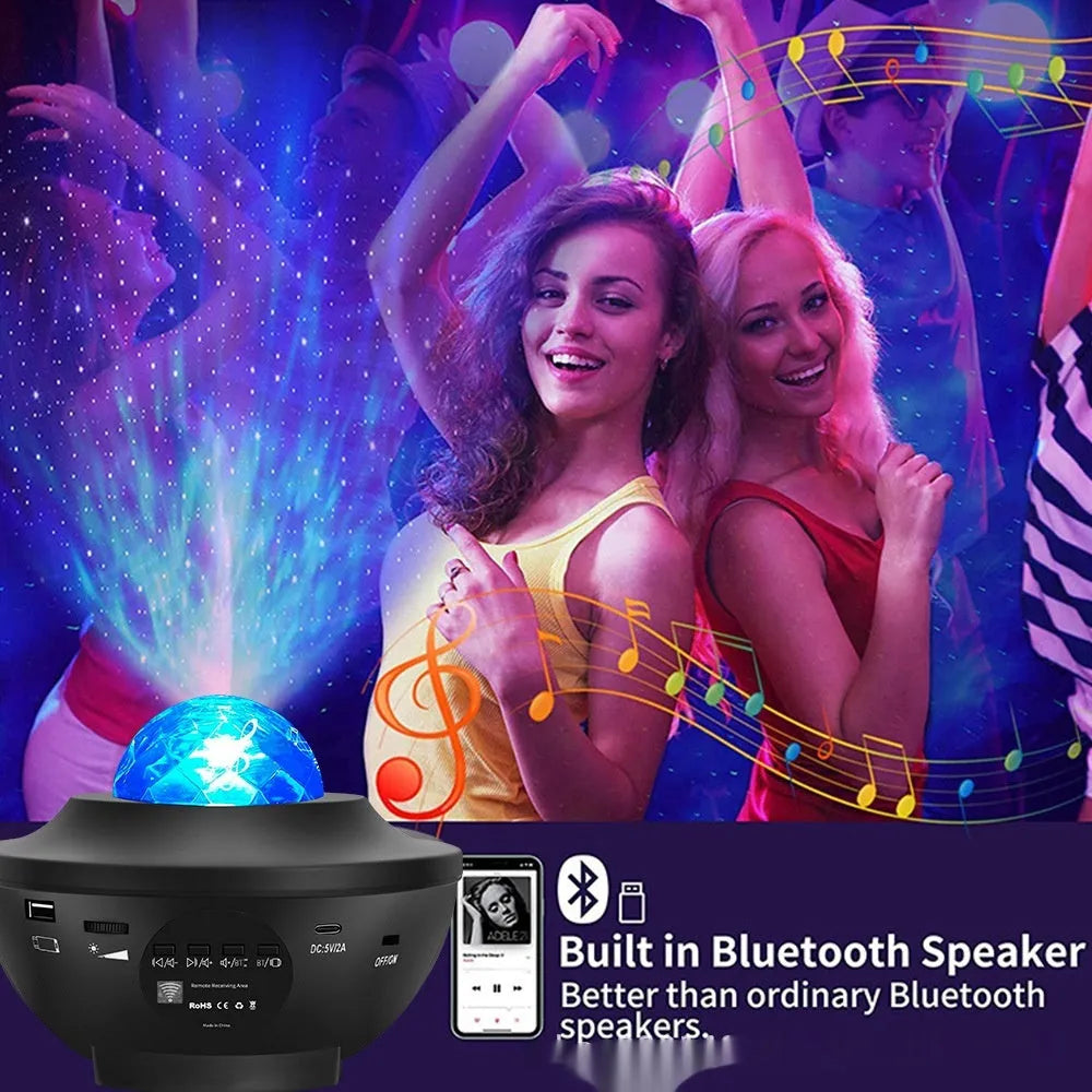 Black parallel style starry sky projection lamp with Bluetooth and remote control on a desktop