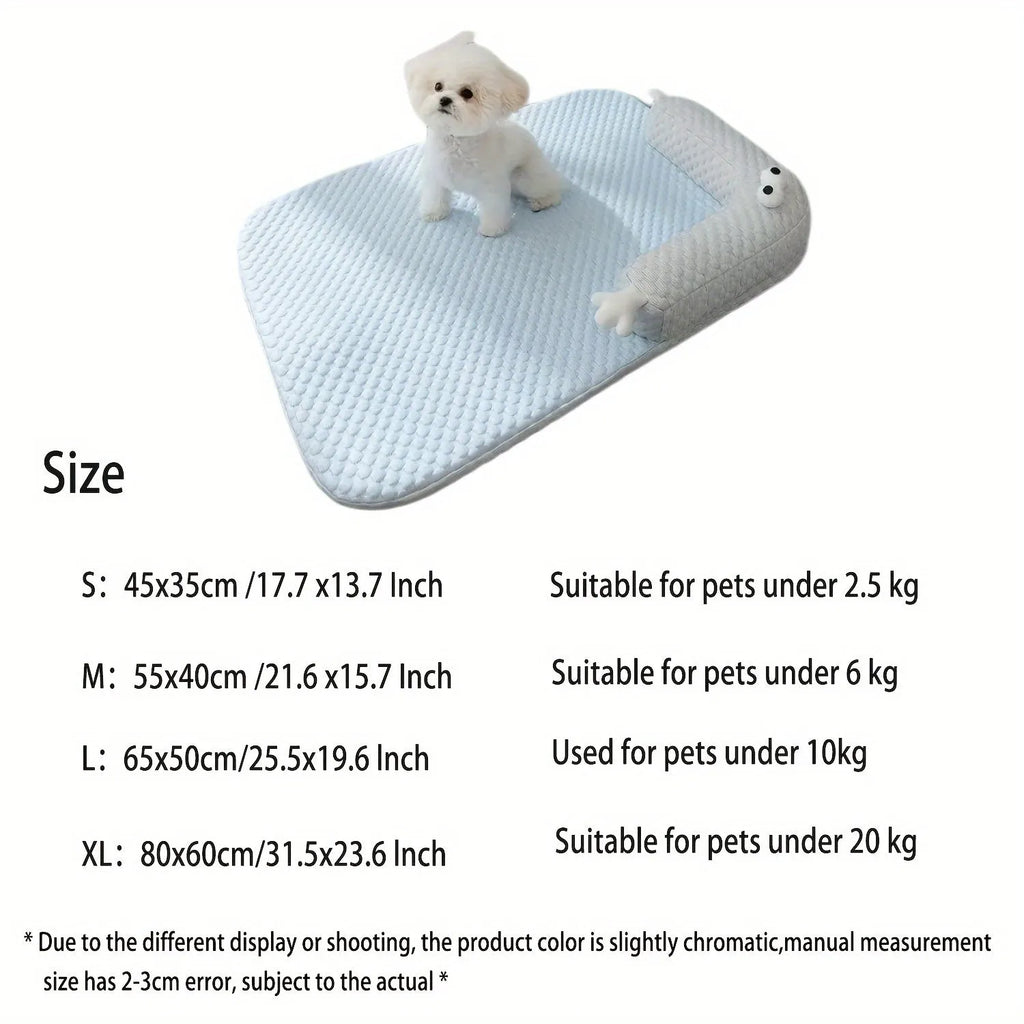 Blue big-eyed monster design non-slip pet cushion for dogs and cats on a wooden floor.