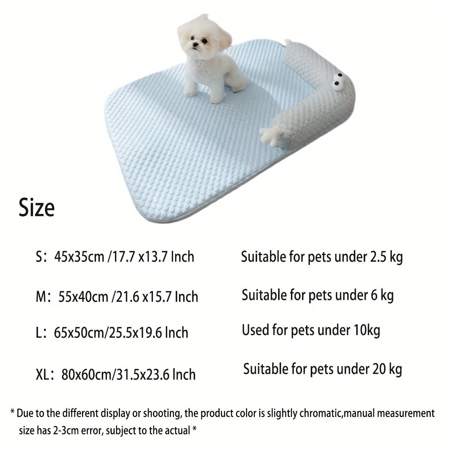 Blue big-eyed monster design non-slip pet cushion for dogs and cats on a wooden floor.