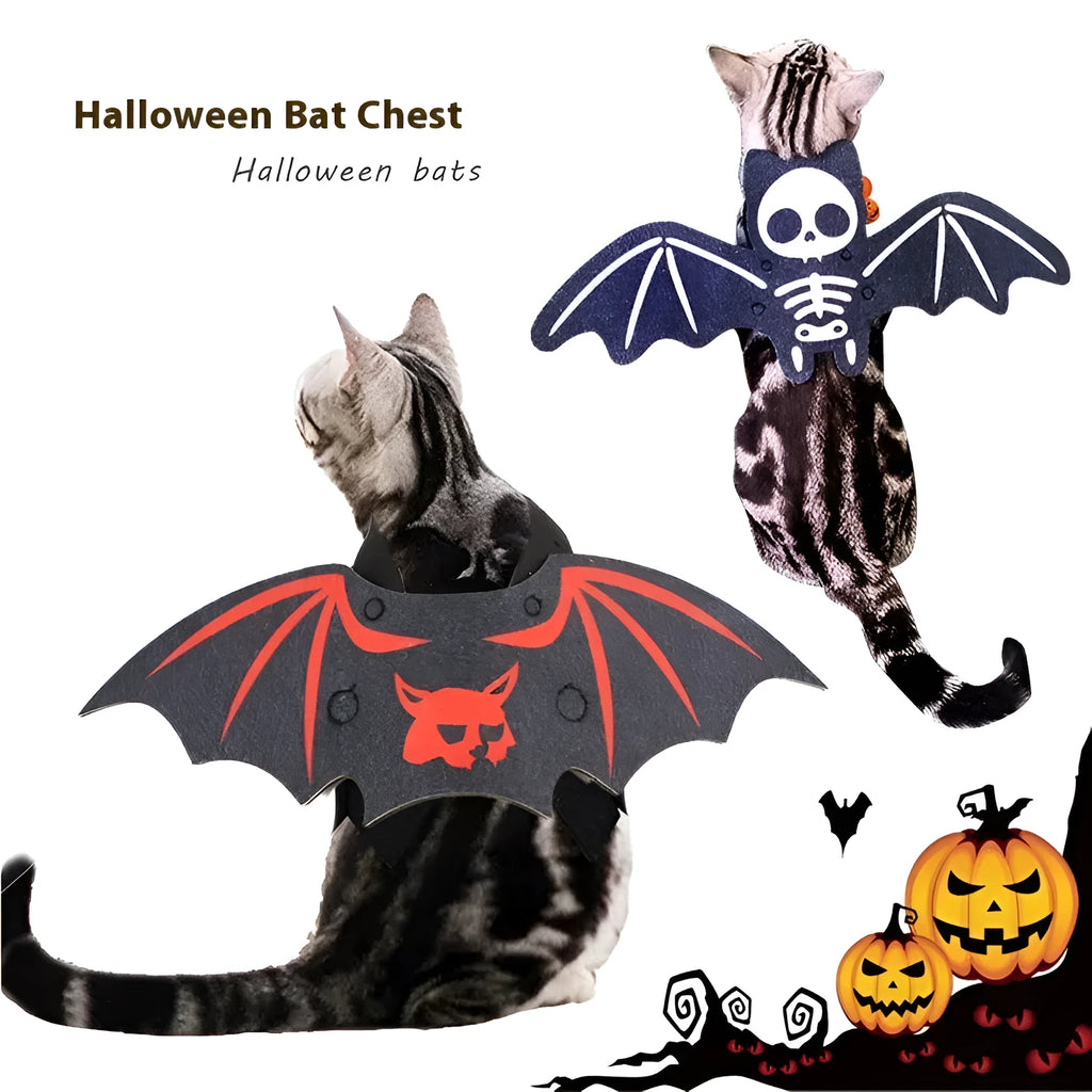 Halloween cat costume with black bat wings in pumpkin, red ghost, or white ghost colour variants with optional bell accessory