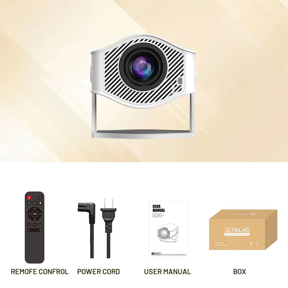 White portable 720p household projector with 1280x720 resolution, 200 ANSI lumens, 50W power, and US EU UK AU plug options