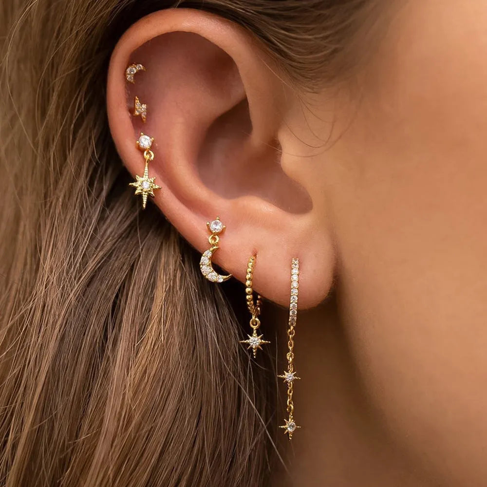 XINGX six gold chain tassel earrings with zircon studs on copper with electroplated finish